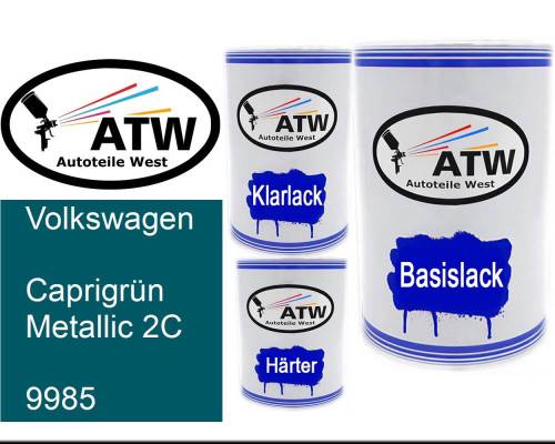 Volkswagen, Caprigrün Metallic 2C, 9985: 500ml Lackdose + 500ml Klarlack + 250ml Härter - Set, von ATW Autoteile West.